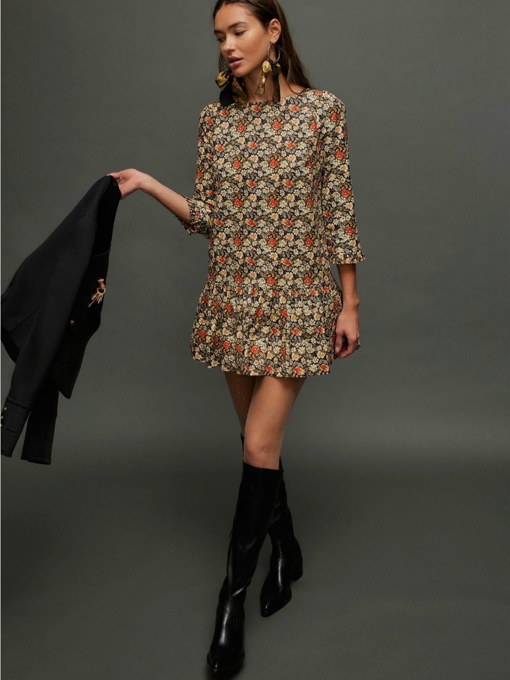 Free People Black Floral Tiered Mini Dress with Orange and Cream Accents